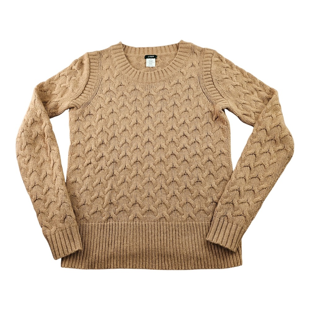 J.CREW Honeycomb Sweater Womens XS Camel Wool Angora Blend Cable Knit Crew Neck
